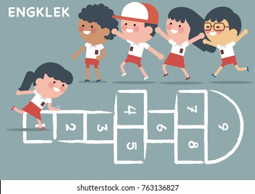 Indonesian elementary school student with red white uniform playing engklek, the Indonesian children traditional game. Children vector illustration