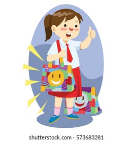 Indonesian elementary school students raised his thumb. Vector Children Illustration.