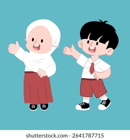 Indonesian elementary school students in red and white uniforms, featuring a cheerful boy and girl waving. Perfect for educational content, school-related designs, and cultural representation