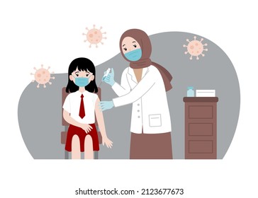 Indonesian elementary student get vaccinated vector 