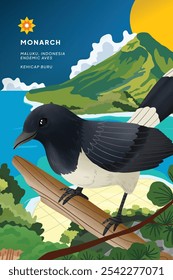 Indonesian endemic bird illustration with beautiful scenery design inspiration