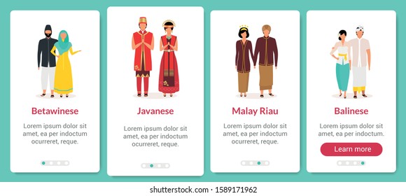 Indonesian ethnic groups onboarding mobile app screen vector template. Culture and traditions. Walkthrough website steps with flat characters. UX, UI, GUI smartphone cartoon interface concept