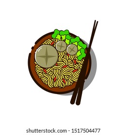 Indonesian Famous Food in Flat Design Art. Bakso, Noodles, Vegetables, and Spices in a Bowl using Chopsticks