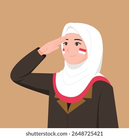 Professora indonésia vestindo hijab em saudação no Dia da Independência