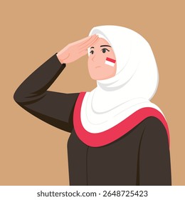 Professora indonésia vestindo hijab em saudação no Dia da Independência