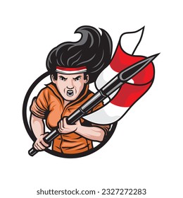 an Indonesian female warrior clenching her fists up shouting independence vector illustration. indonesia independence day.