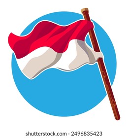 Indonesian Flag Flying on a Wooden Pole Symbol of Happy Indonesian Independence Day