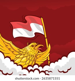 Bandeira indonésia, garuda dourada voando acima das nuvens com fundo vermelho. Ilustração vetorial em tamanho quadrado que pode ser usada para necessidades de mídia social.