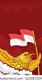 Indonesian flag, golden garuda flying above the clouds with red background. Vector illustration in vertical that can be used for social media needs.