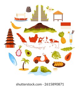 Indonesian flag and map, tropical paradise cartoon vector illustration. Travel to Indonesia set, culture elements and Hindu temple, landmarks of nature and architecture in round infographic banner