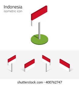 Indonesian flag (Republic of Indonesia), vector set of isometric flat icons, 3D style, different views. Editable design elements for banner, website, presentation, infographic, poster, map. Eps 10