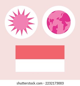 Indonesian flag, sun, and earth vector icons with pink colors. Drawings with simple flat art isolated on cream background.