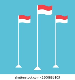 Indonesian flags on flagpoles. Red and white, ceremony, center, Independence Day. Vector