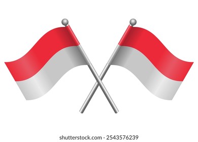 Indonesian Flags Waving on Flagpoles – Simple 3D Crossed Design for Logos, Events, Templates, Editable and Scalable EPS File, Isolated on White Background