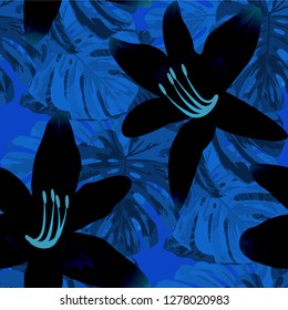 Indonesian Flowers. Seamless Pattern with Brasilian Rainforest. Modern Texture with Exotic Leaves and Flowers for, Fabric, Wallpaper, Dress. Vector Seamless Pattern with Indonesian Flowers