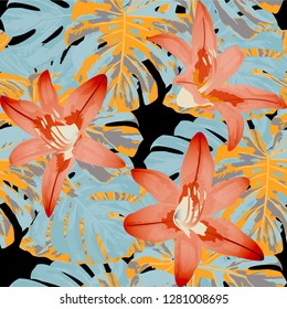 Indonesian Flowers. Seamless Pattern with Brasilian Jungle. Trendy Texture with Exotic Leaves and Flowers for, Underwear, Paper, Wallpaper. Vector Seamless Pattern with Indonesian Flowers