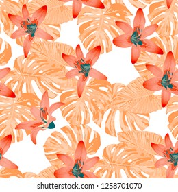Indonesian Flowers. Seamless Pattern with Hawaiian Jungle. Trendy Texture with Exotic Leaves and Flowers for, Underwear, Tablecloth, Cloth. Vector Seamless Pattern with Indonesian Flowers