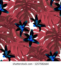 Indonesian Flowers. Seamless Pattern with Indian Rainforest. Retro Texture with Exotic Leaves and Flowers for, Tablecloth, Underwear, Shirt. Vector Seamless Pattern with Indonesian Flowers