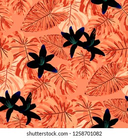Indonesian Flowers. Seamless Pattern with Indonesian Rainforest. Retro Texture with Exotic Leaves and Flowers for, Fabric, Curtain, Dress. Vector Seamless Pattern with Indonesian Flowers