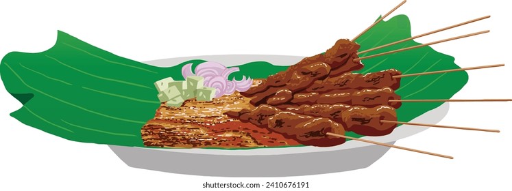 Indonesian food called satay with chicken and peanut sauce vector illustration