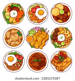 Indonesian food icon set menu vector. (Nasi Ayam Penyet,  Nasi Goreng, Soto Betawi, Opor Ayam, Chicken Satay, Nasi Campur,  Mi Goreng noodles, Daging Kelem, Lumpia  Spring Rolls) Asian food menu icon.