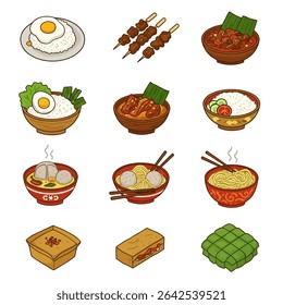 Indonesian food icons Asian cuisine set.