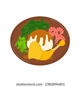 Indonesian food illustration of a chicken, shrimp and vegetables (Nasi Padang)
