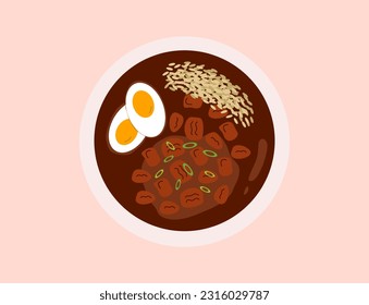 Indonesian food illustration. Rawon is Indonesian Traditional Food consist of beef, eggs, bean sprouts served in a bowl. Indonesian traditional food Rawon in cartoon style.