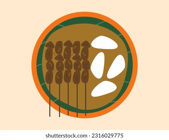 Indonesian food illustration. Sate Padang or satay padang is spicy beef satay from Padang, West Sumatra. Served with spicy curry sauce and rice cake, lontong on banana leaf. isolated on plate.