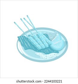 Indonesian food meat satay on the plate. light blue color Vector illustration