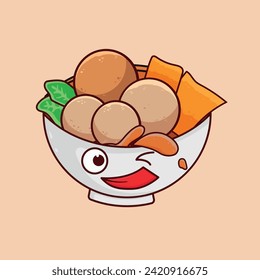 Indonesian food meatballs hand illustration in bowl with vegetables and dumplings, smile