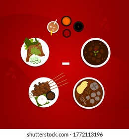 indonesian food menu collection set flat illustration, EPS layer include Rendang, meat ball, chicken satay, chili chicken, and sauce