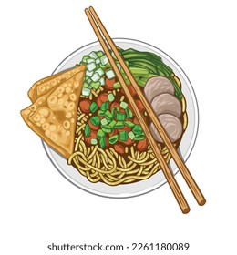 Indonesian Food, Mie Ayam Bakso.  Vector noodles with chicken and vegetables.  Additional meatballs and dumplings for complement suitable for design elements, menus, advertising, banners, or stickers.