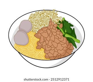 Comida Indonésia, Mie Ayam Bakso. Macarrão vetorial com frango e legumes. Almôndegas e legumes adicionais para complemento adequado para elementos de design, menus, publicidade, banners ou adesivos.