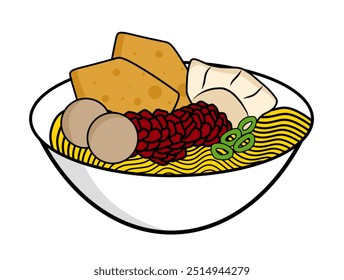 Comida Indonésia, Mie Ayam Bakso. Macarrão vetorial com frango e legumes. Almôndegas e legumes adicionais para complemento adequado para elementos de design, menus, publicidade, banners ou adesivos.