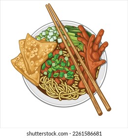 Indonesian Food, Mie Ayam Ceker.  Vector noodles with chicken feet and vegetables.  Additional dumplings for complement. Suitable for design elements, menus, banner, or advertising on social media.