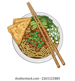 Indonesian Food, Mie Ayam.  Vector noodles with chicken and vegetables suitable for design elements, menus, advertising, banners, stickers or t-shirt designs.