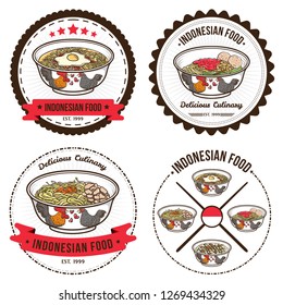 indonesian food set of badges design templates and emblems illustrations. asian culinary and noodles.