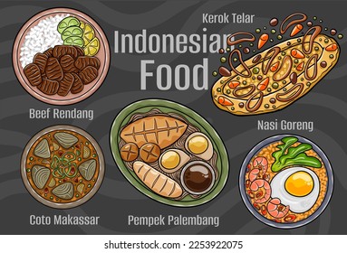 Indonesian food. A set of classic dishes. Cartoon hand drawn illustration.