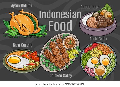 Indonesian food. A set of classic dishes. Cartoon hand drawn illustration.