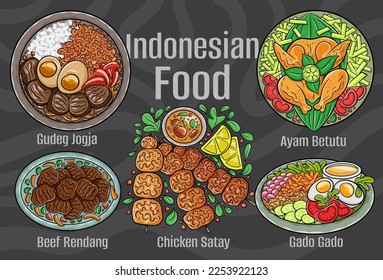 Indonesian food. A set of classic dishes. Cartoon hand drawn illustration.