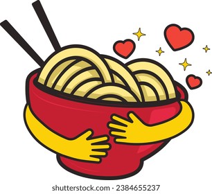 Indonesian food vector with cartoon illustration logo of noodles and hugging hands