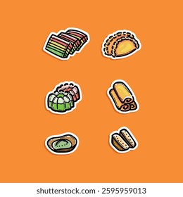 Indonesian Foods and Snack Cartoon Colorful Illustrated Assorted Food Stickers on Bright Orange Background