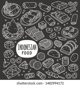 Indonesian foods and snack doodle drawing collection. Food and snack such as lumpia, lemper, onde-onde, tempe, jenang, lupis, gethuk, pastel, risole, jajan pasar etc. Hand drawn vector illustration