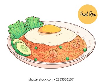 Indonesian fried rice with fried egg topping, shrimp and vegetables garnish. Tasty asian food vector illustration with colored hand drawing style. Best for menu, label, product packaging, recipe