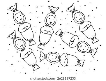 Indonesian ghost hand drawing pattern pocong cartoon, cloth pattern, black ink outline, background