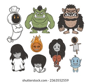 Indonesian Ghost, Pocong, Buto Ijo, Banaspati, Genderuwo, Kuntilanak, Suster Ngesot, Kuyang, Jailangkung, Tuyul cartoon doodle vector illustration