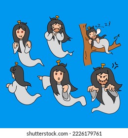 Indonesian ghost. Set Chibi Creepy Lady or Kuntilanak Illustration
