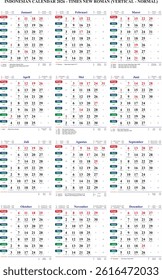 Indonesian gregorian calendar templates 2026 vertical times new roman fonts normal with national public holidays 12 months white background