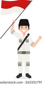 Herói indonésio em uniforme branco segurando a bandeira para o dia dos heróis